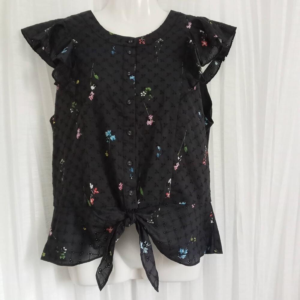 PARKER Tie Front Top NWT Floral Eyelet Black Retro Ruffle Sleeve SZ LG Ret. $238